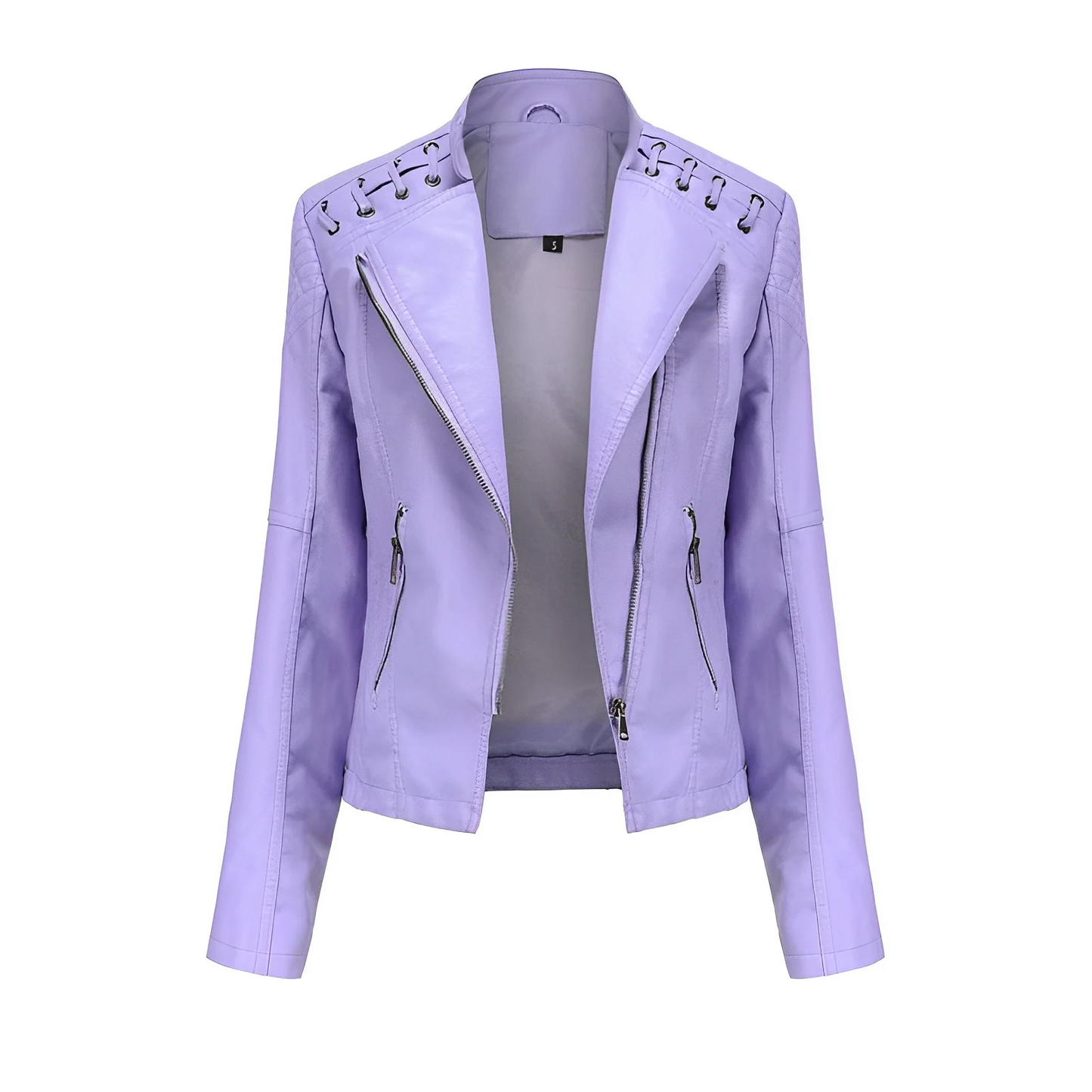 Veste en cuir femme – Coupe ajustée – Zip asymétrique – Épaules matelassées