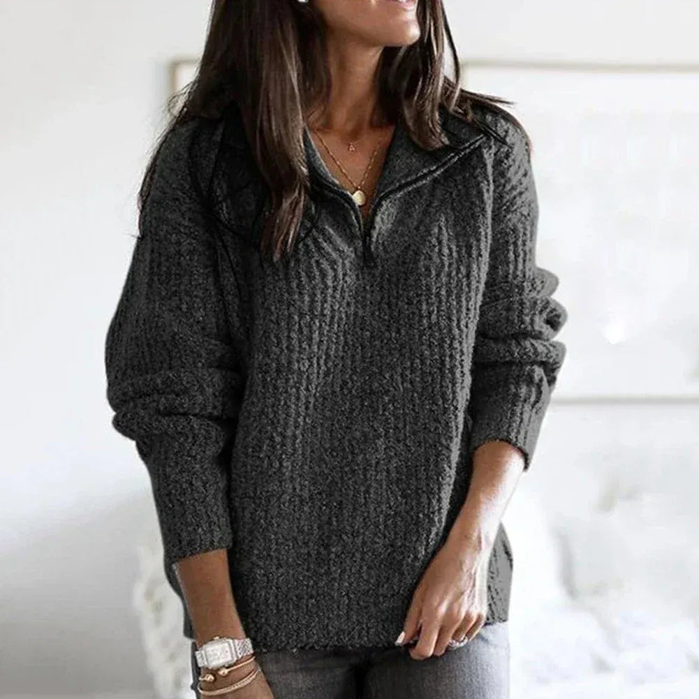 Pull à demi-zip femme – Coupe décontractée – Maille épaisse – Mélange laine doux