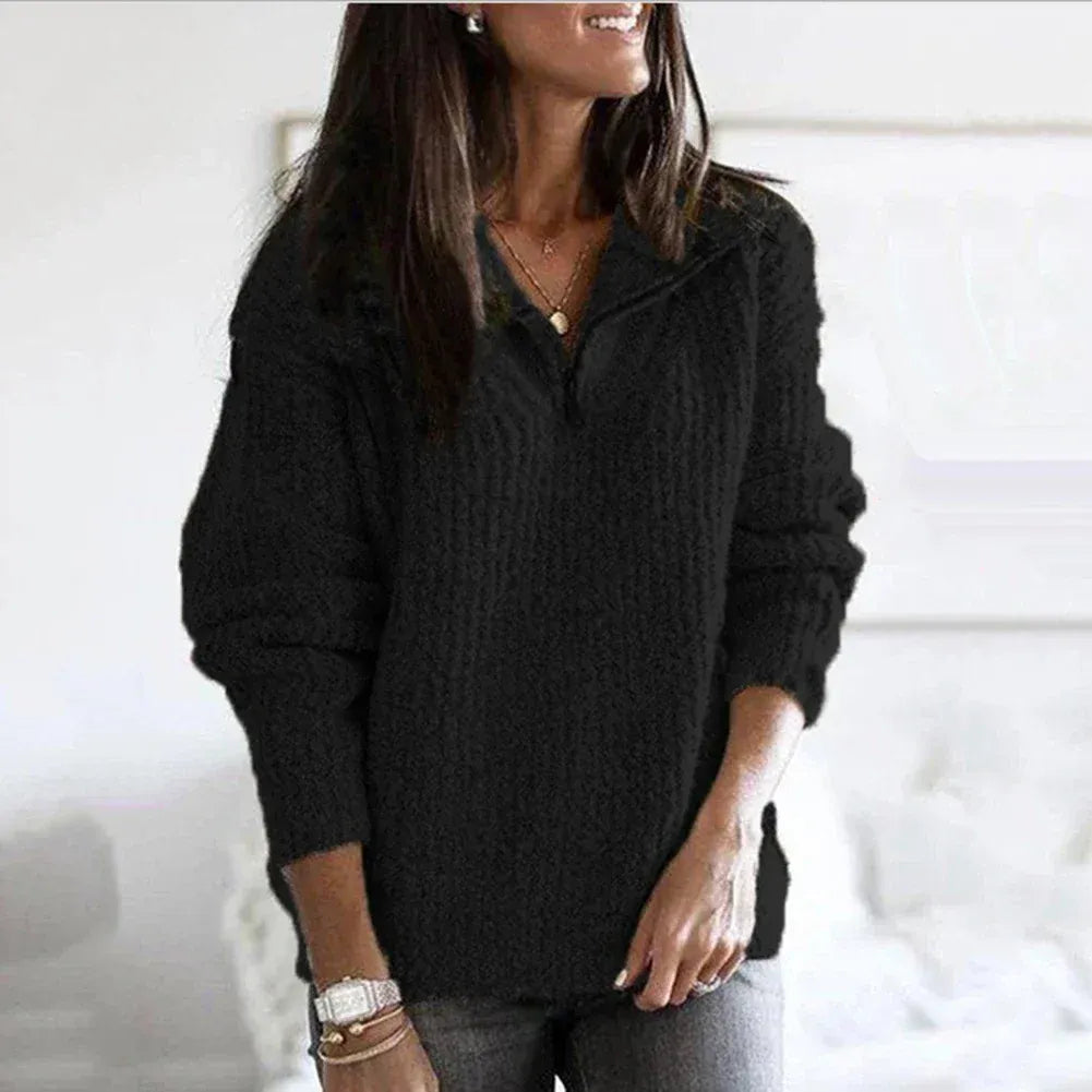 Pull à demi-zip femme – Coupe décontractée – Maille épaisse – Mélange laine doux