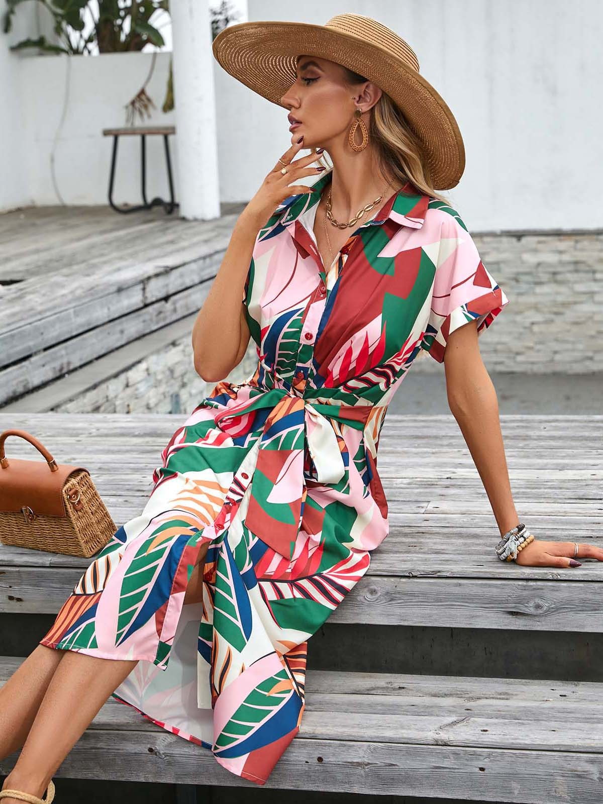 Robe Midi Femme – Coupe Décontractée – Ceinture Taille – Coton – Manches Courtes – Col Chemise – Boutonnée Devant – Imprimé