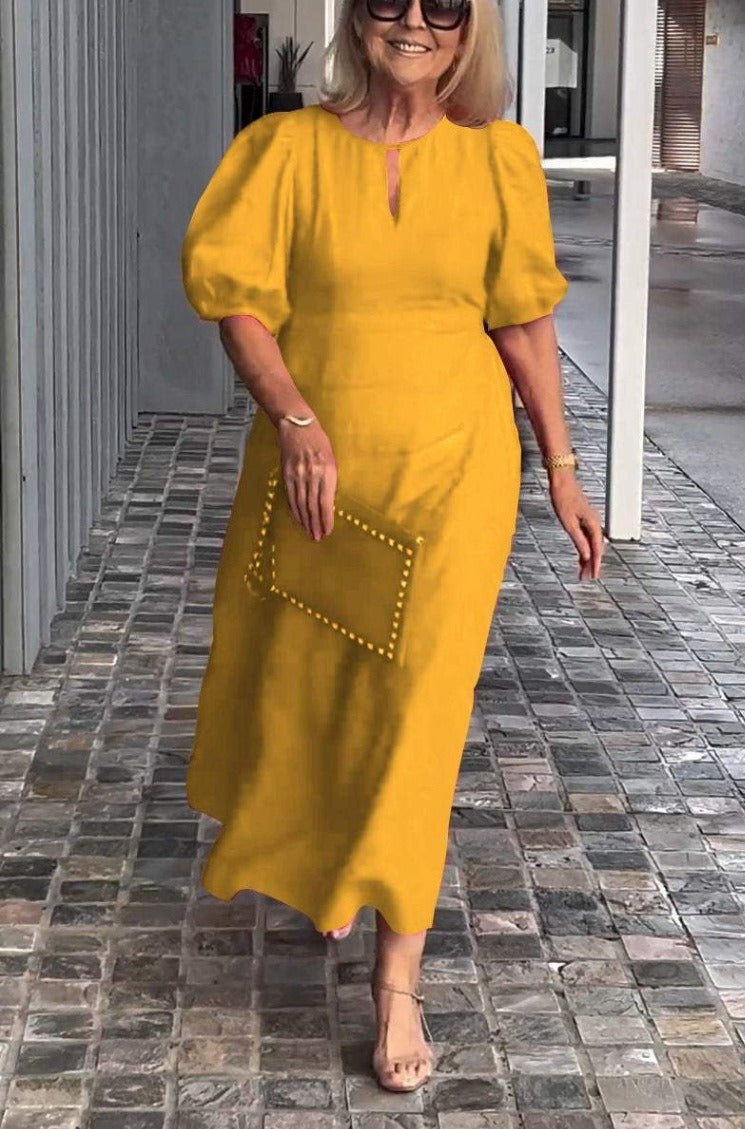 Robe midi femme – Coton doux – Coupe ample – Manches bouffantes – Col rond fendu