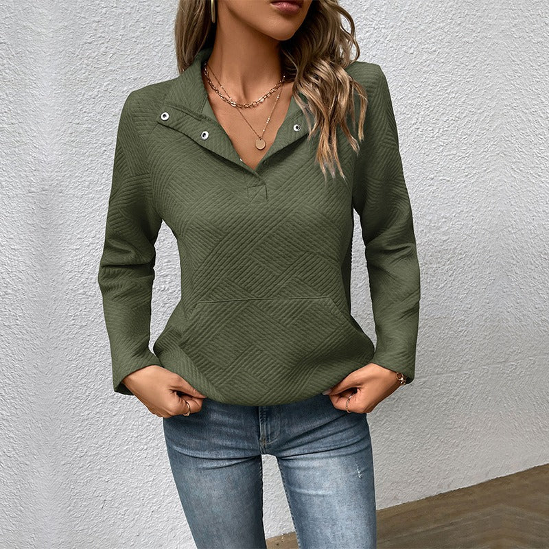 Sweatshirt femme – Coupe décontractée – Col montant à boutons – Tissu matelassé