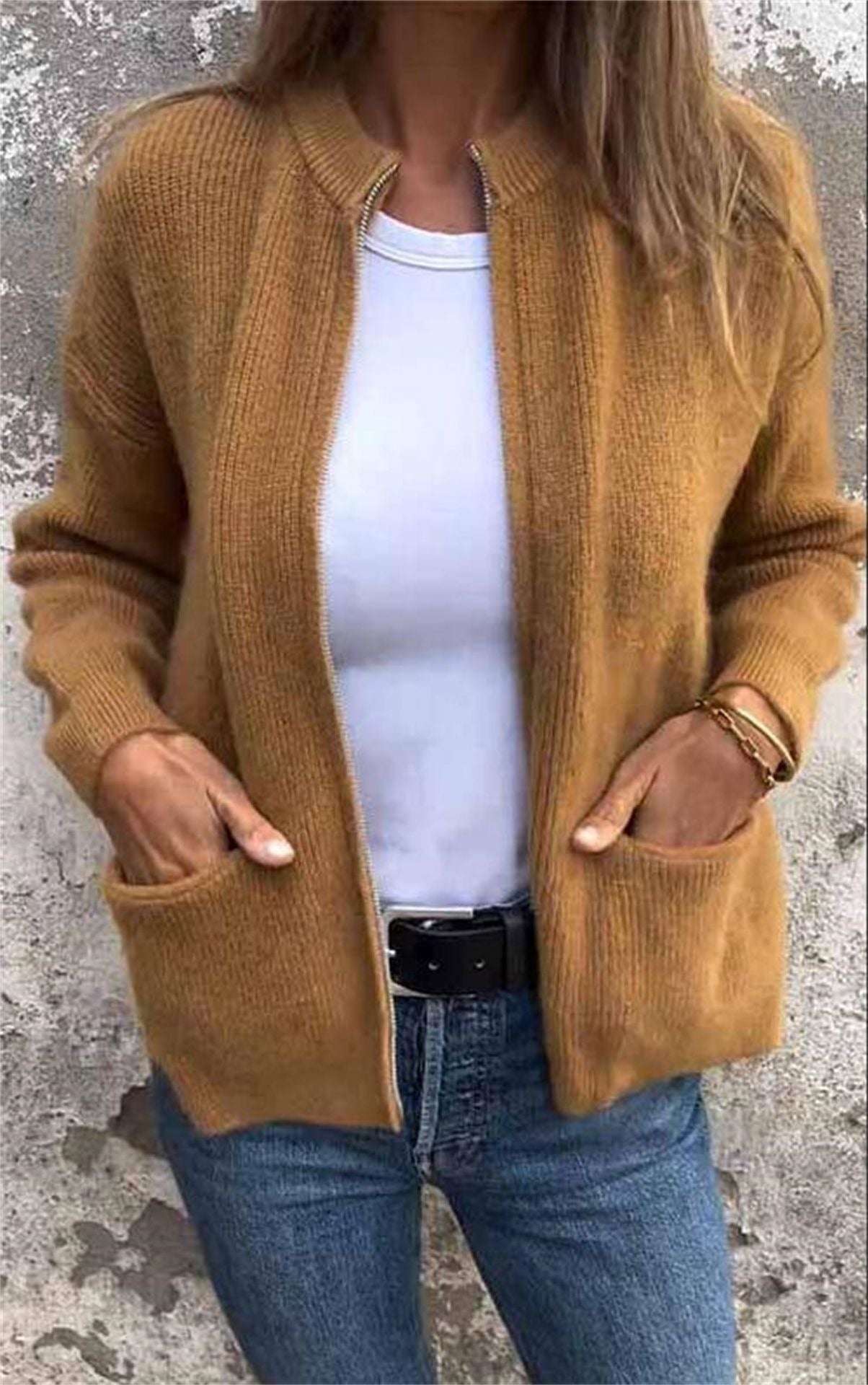 Veste zippée femme – Maille laine – Coupe décontractée – Col montant – Poches avant