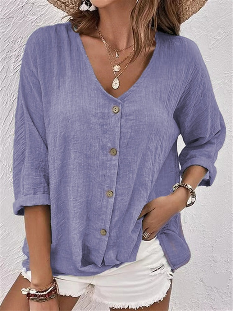 Blouse femme – Coupe ample – Coton léger – Manches courtes – Col en V – Style décontracté