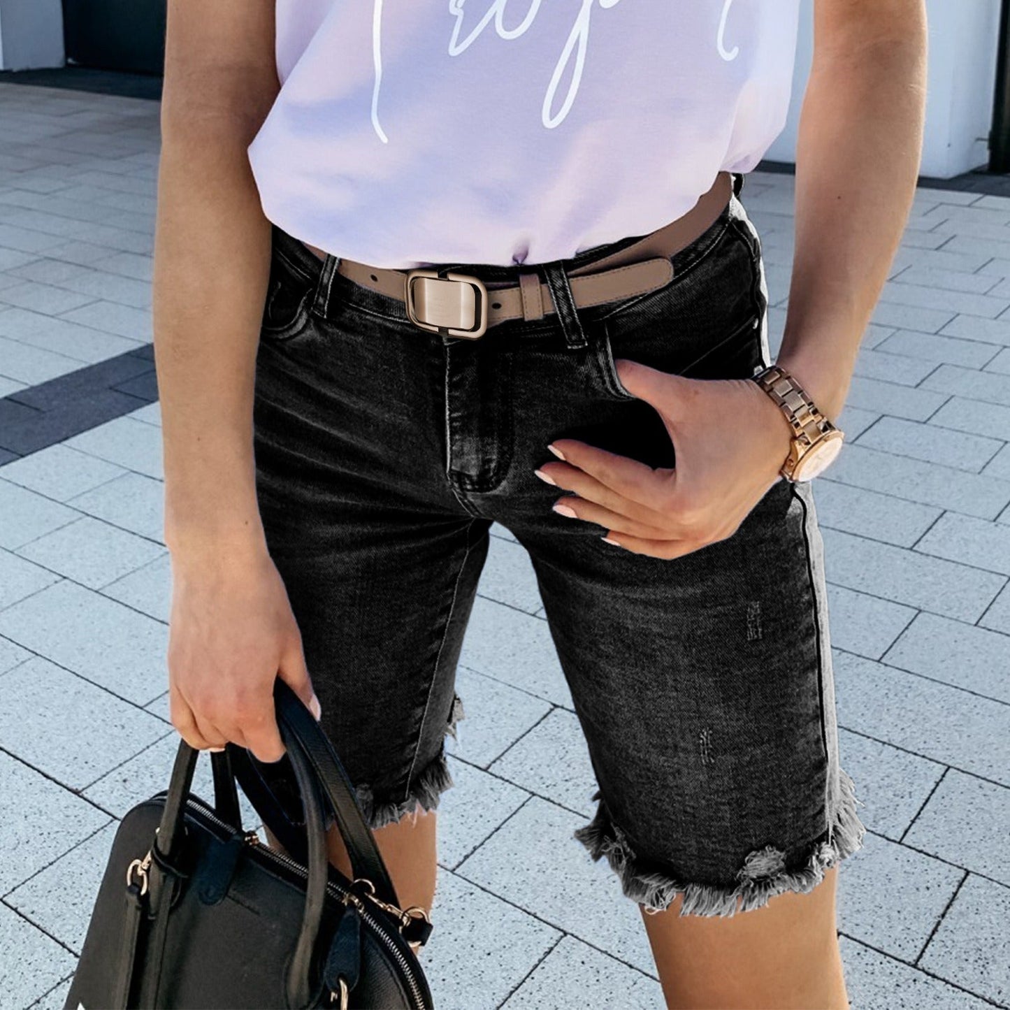 Short en jean femme – Coupe régulière – Taille mi-haute – Finition effilée tendance