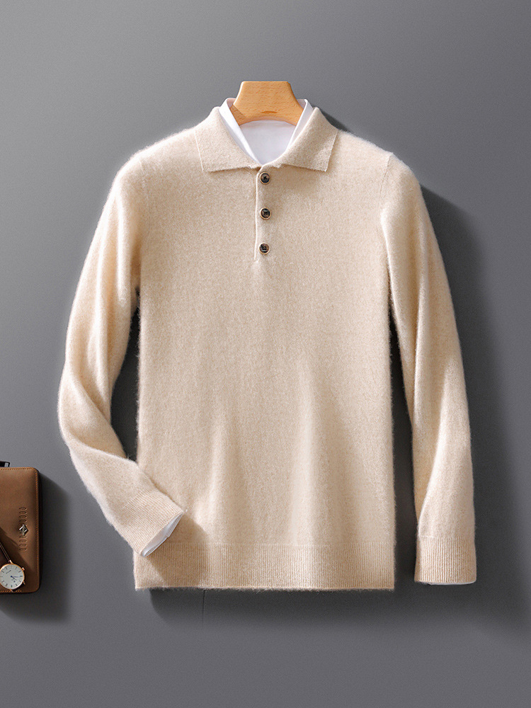 Sweatshirt homme – Maille laine – Coupe décontractée – Col polo – Bouton décoratif