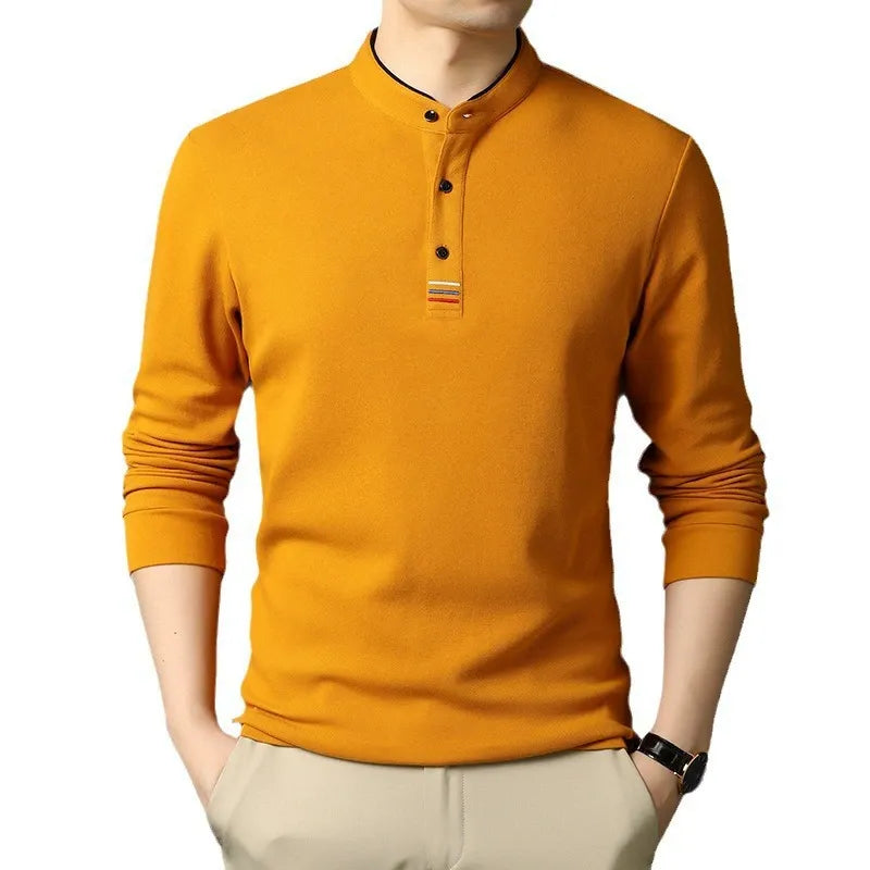 T-shirt manches longues homme – Coton – Coupe régulière – Col montant – Patte boutonnée