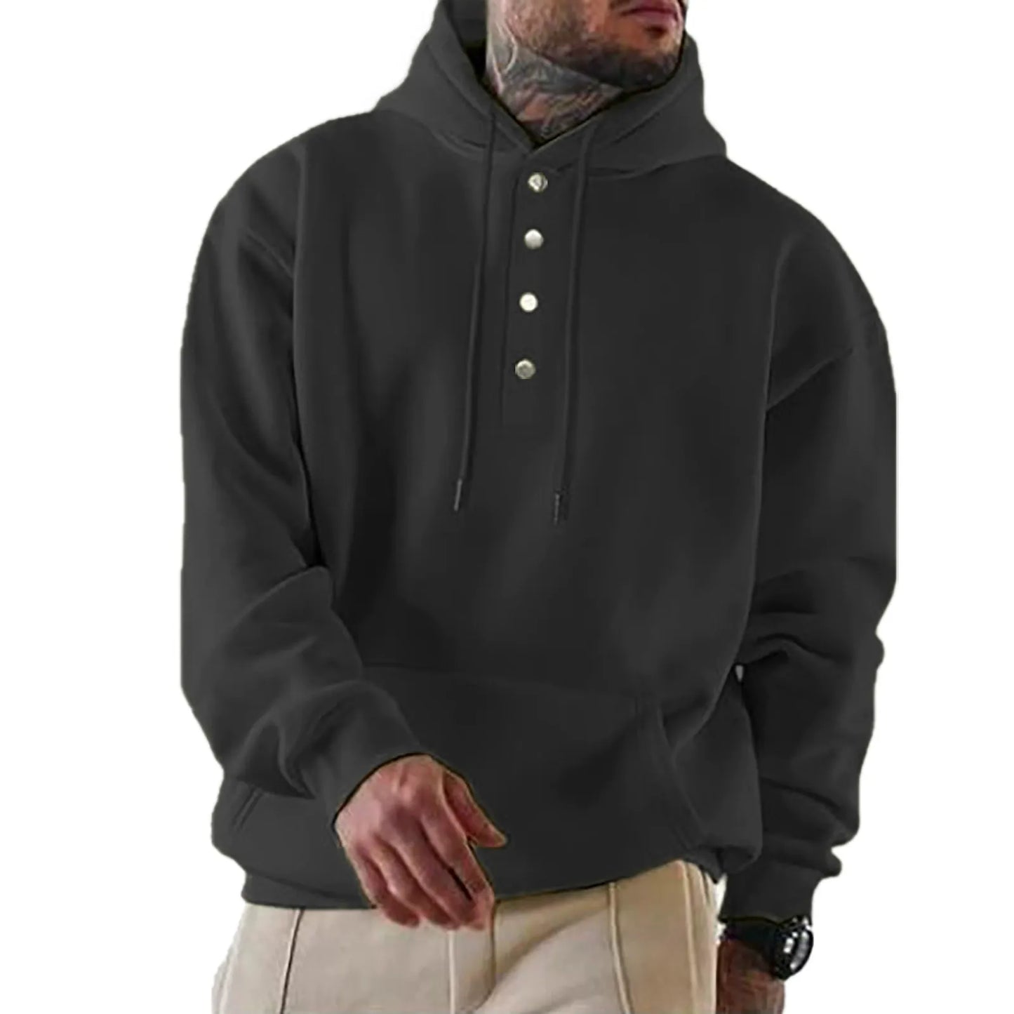 Sweat à capuche homme – Fleece doux – Coupe ample – Patte à boutons pression