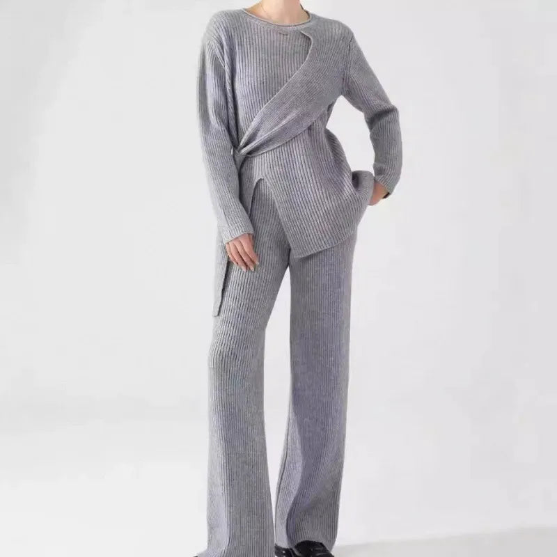 Ensemble Femme Deux Pièces – Tricot Côtelé – Coupe Décontractée – Pull Asymétrique