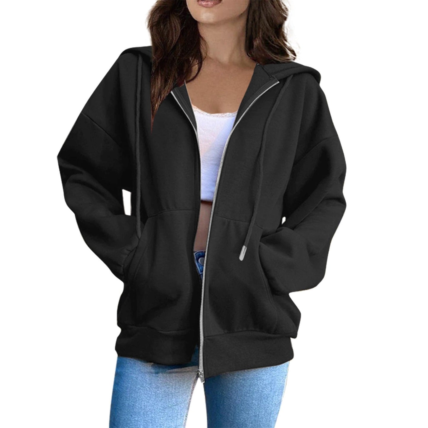 Veste à capuche femme – Coupe oversize – Coton doux – Manches longues – Zip frontal