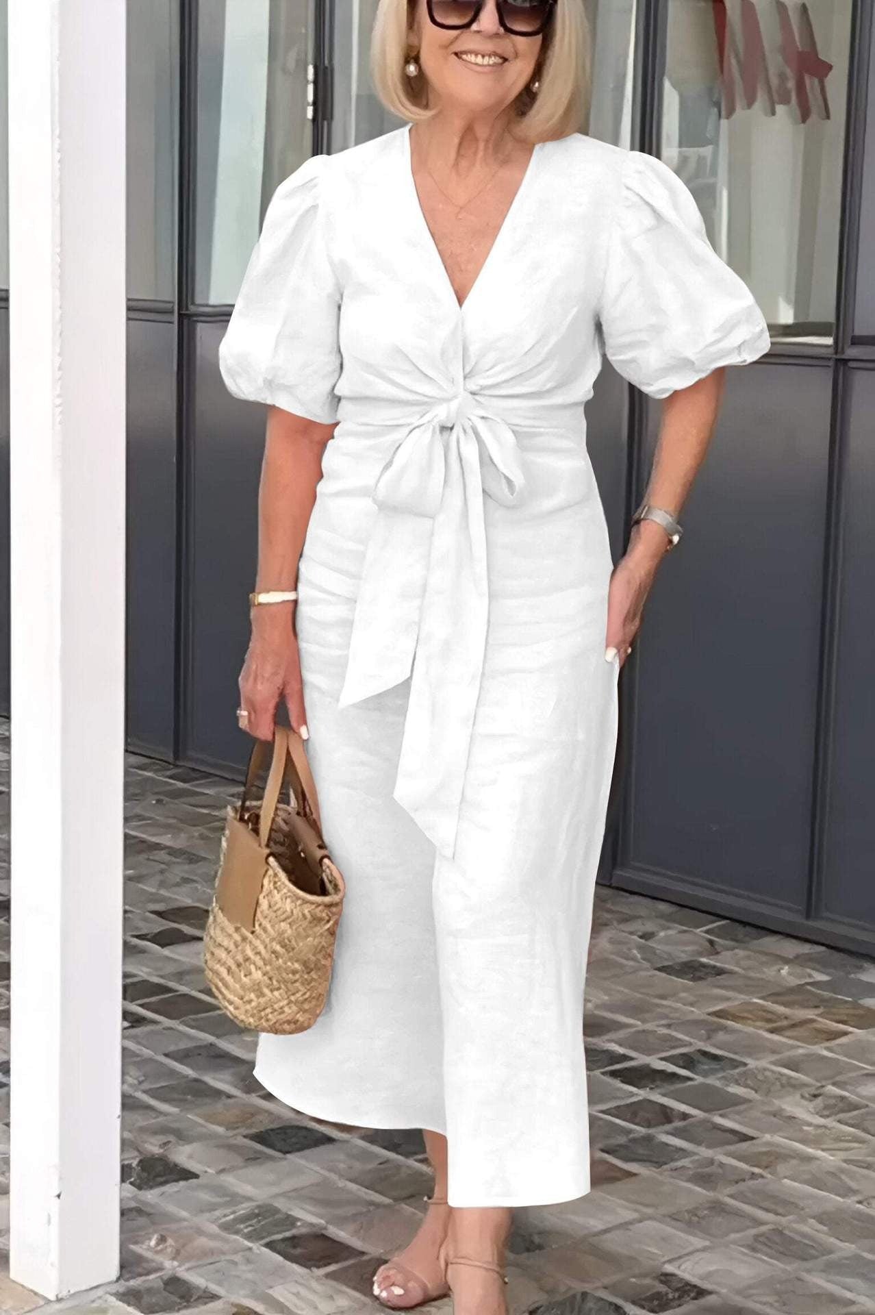 Robe femme – Coupe ajustée – Coton – Manches bouffantes – Décolleté en V – Mi-longue