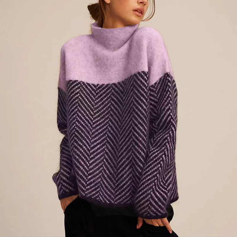 Sweat-shirt femme col montant – Laine – Coupe ample – Motif chevron – Longueur hanches – Manches longues