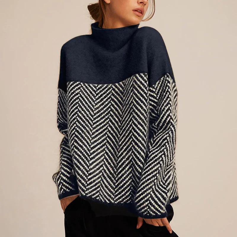 Sweat-shirt femme col montant – Laine – Coupe ample – Motif chevron – Longueur hanches – Manches longues