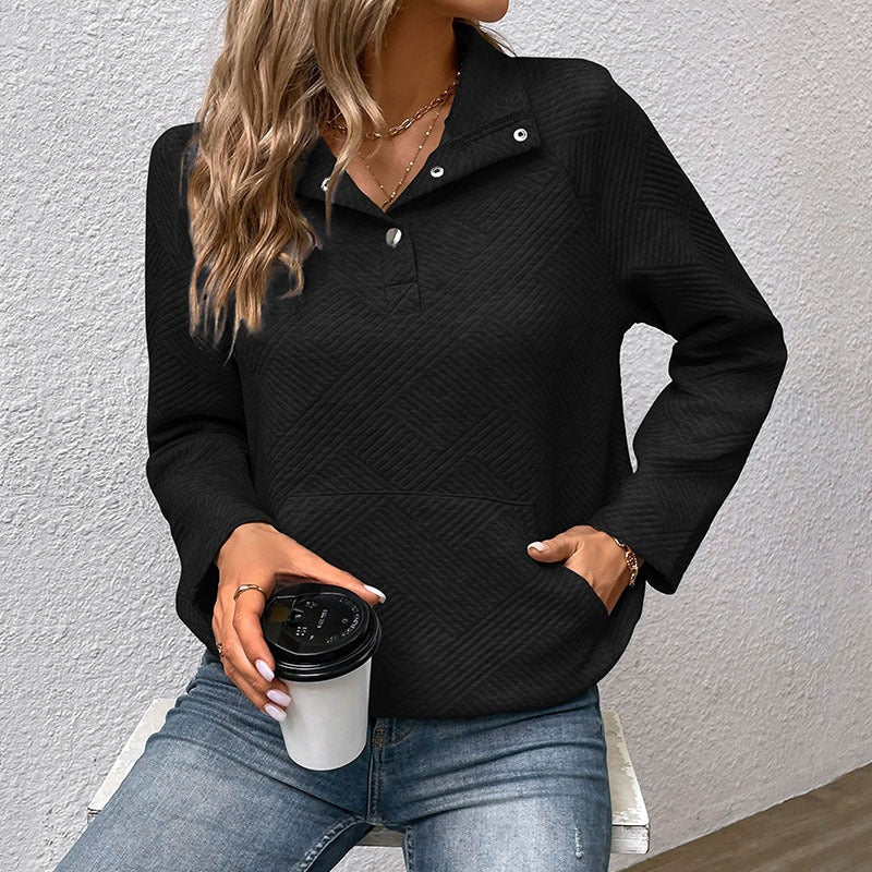 Sweatshirt femme – Coupe décontractée – Col montant à boutons – Tissu matelassé