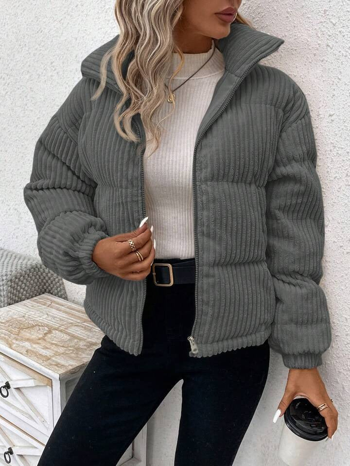 Veste femme matelassée – Velours côtelé – Coupe décontractée – Col montant zippé