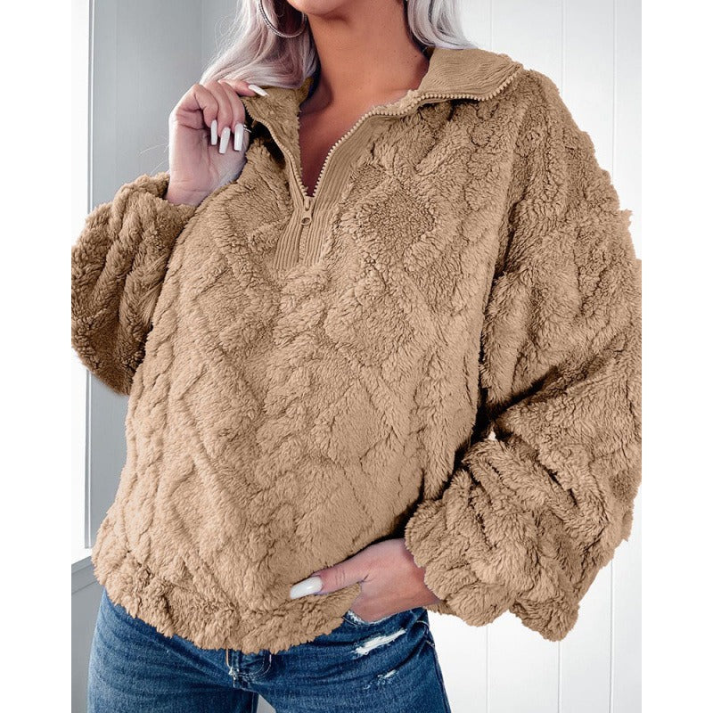 Sweat-shirt femme – coupe oversize – polaire duveteuse – demi-zip col montant