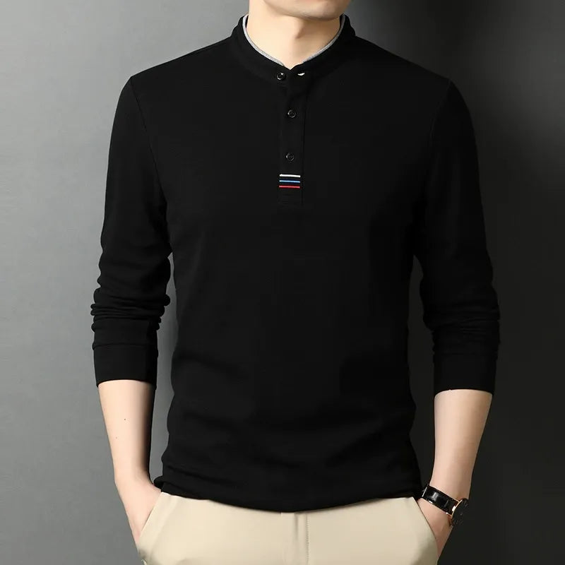 T-shirt manches longues homme – Coton – Coupe régulière – Col montant – Patte boutonnée