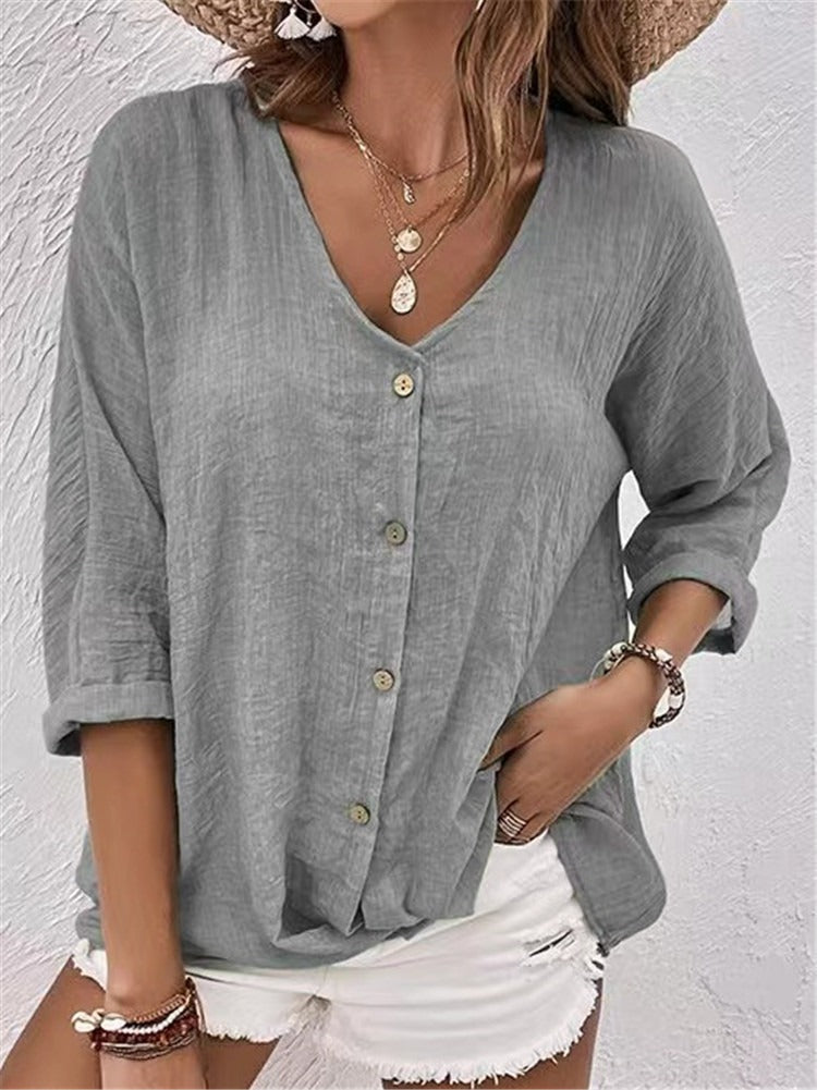 Blouse femme – Coupe ample – Coton léger – Manches courtes – Col en V – Style décontracté