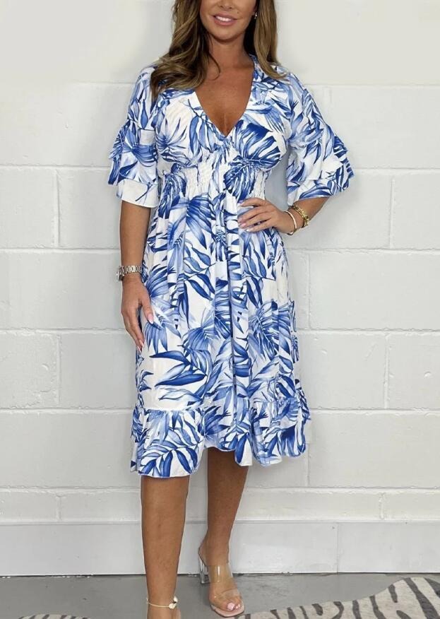 Robe Midi Femme – Coupe Ample – Taille Haute – Imprimé Botanique – Manches Volants