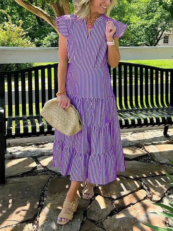 Robe midi femme – Coupe ample – Imprimé rayé – Manches volantes – Col en V – Coton