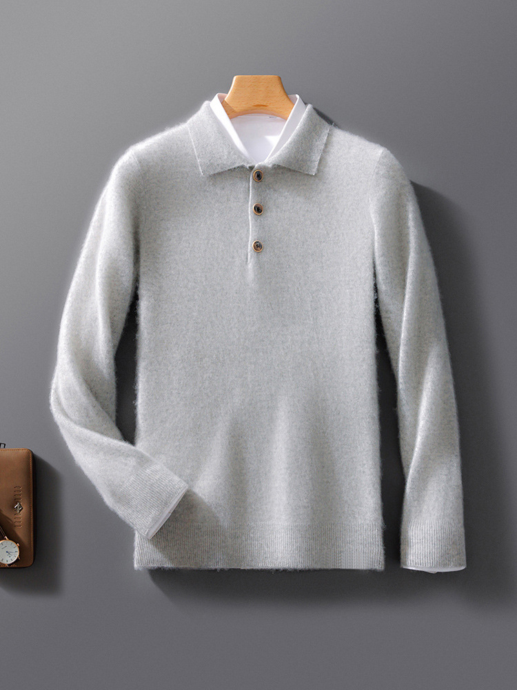 Sweatshirt homme – Maille laine – Coupe décontractée – Col polo – Bouton décoratif