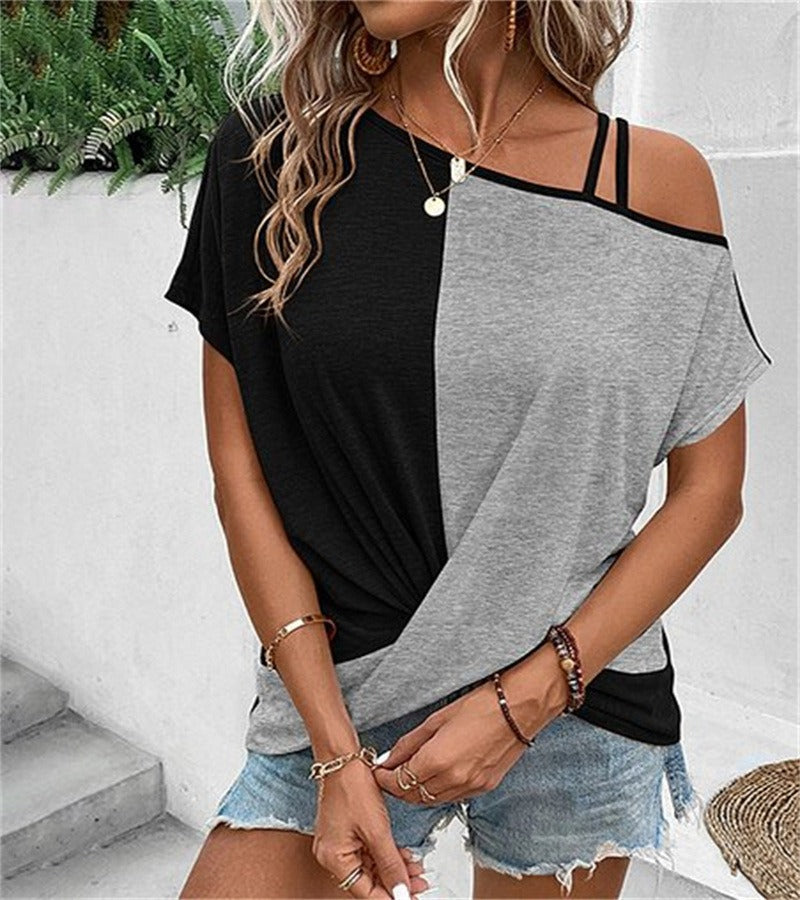 T-shirt femme – Coupe décontractée – Encolure asymétrique – Détail bretelle – Coton