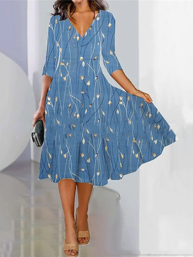 Robe midi femme – Coupe évasée – Décolleté en V – Manches trois-quarts – Tissu respirant
