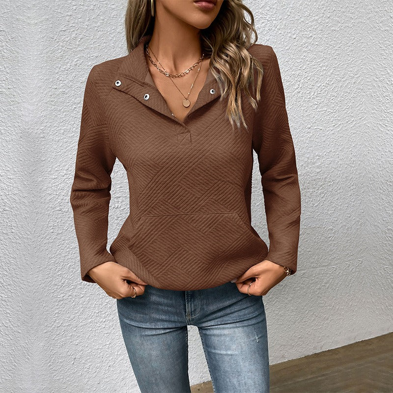 Sweatshirt femme – Coupe décontractée – Col montant à boutons – Tissu matelassé