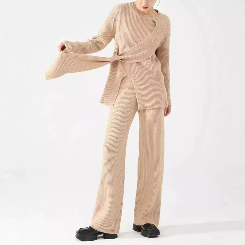 Ensemble Femme Deux Pièces – Tricot Côtelé – Coupe Décontractée – Pull Asymétrique