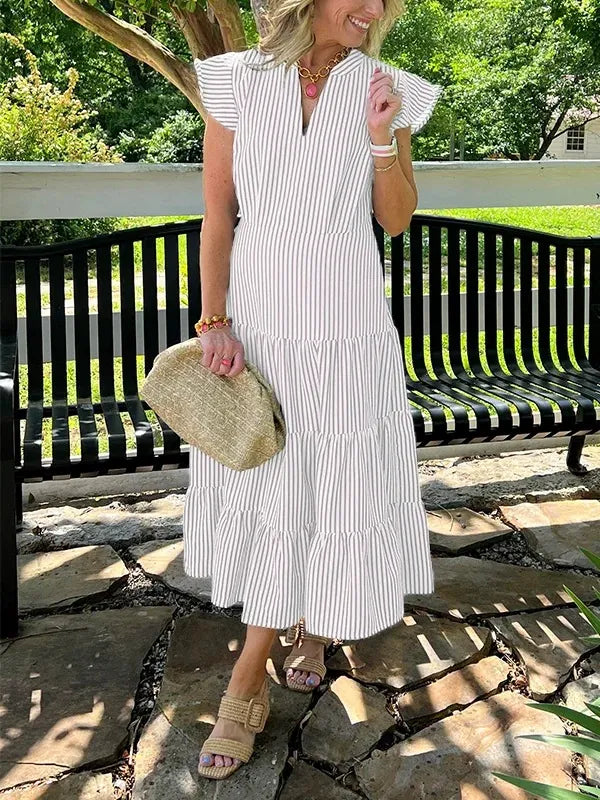 Robe midi femme – Coupe ample – Imprimé rayé – Manches volantes – Col en V – Coton