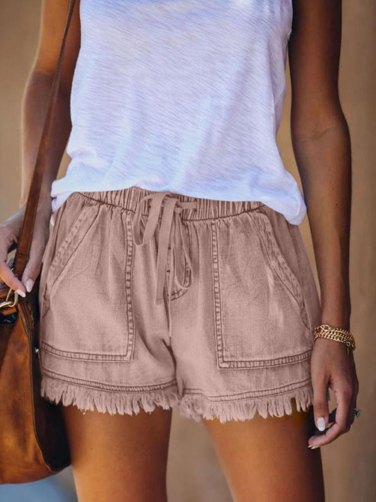 Short en jean femme – Coupe décontractée – Taille élastique avec cordon – Ourlet effiloché