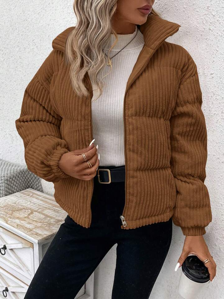 Veste femme matelassée – Velours côtelé – Coupe décontractée – Col montant zippé