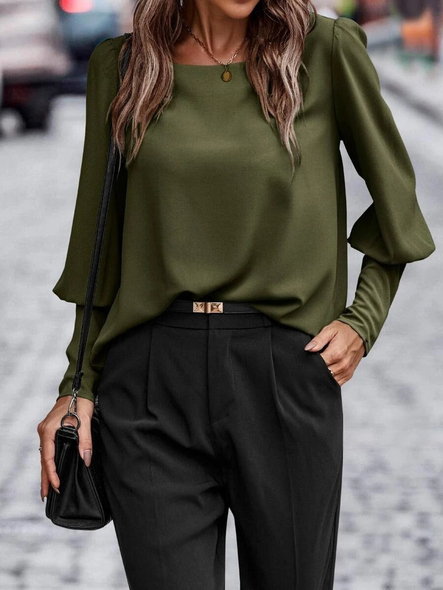 Blouse femme – Coupe décontractée – Effet satin – Manches bouffantes – Détail boutons