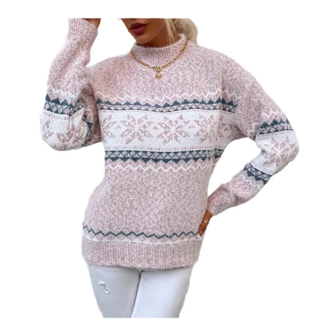 Pull femme – Maille laine – Coupe décontractée – Motif flocon – Col montant