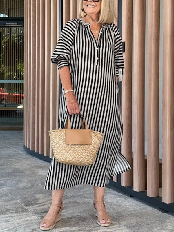 Robe midi femme – Coton – Manches volantées – Col V – Coupe décontractée – Rayée