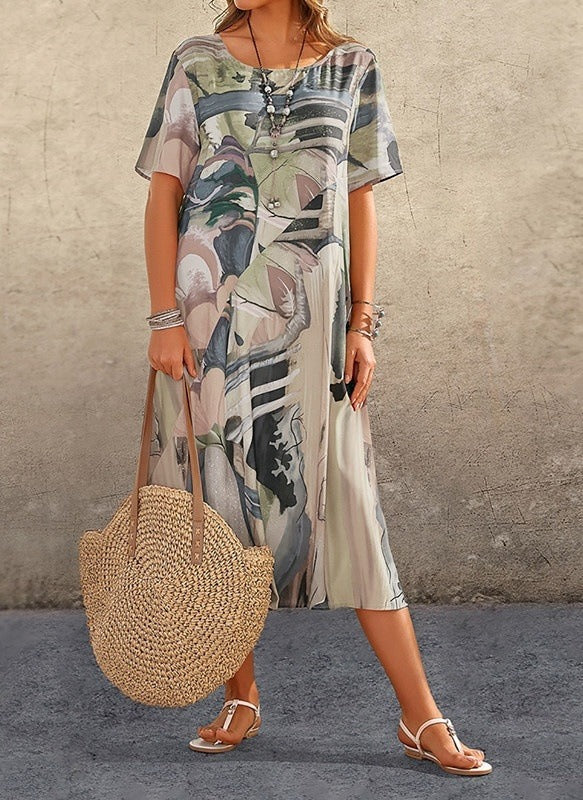 Robe midi femme – Coupe décontractée – Imprimé abstrait – Manches courtes – Col rond