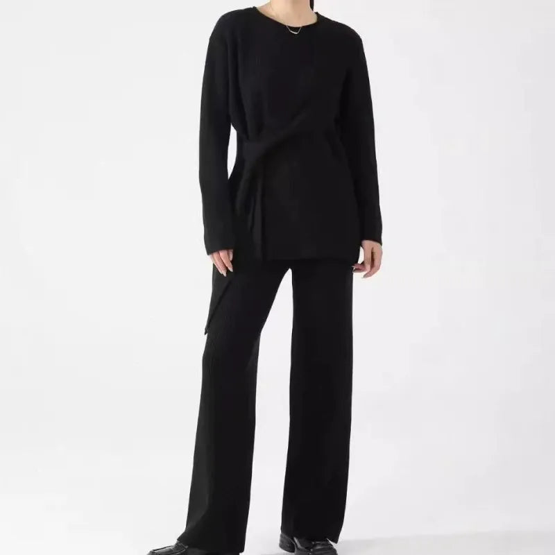 Ensemble Femme Deux Pièces – Tricot Côtelé – Coupe Décontractée – Pull Asymétrique