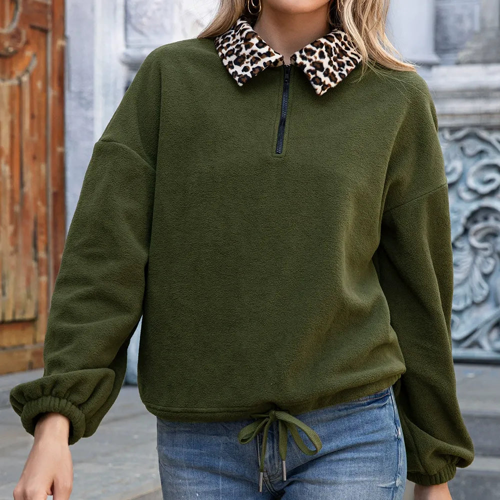 Sweat-shirt femme – Fleece doux – Coupe décontractée – Col fausse fourrure – Zip frontal