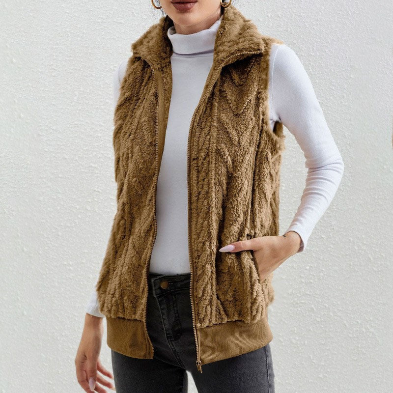 Gilet sans manches femme – Fleece jacquard – Coupe décontractée – Col montant zippé