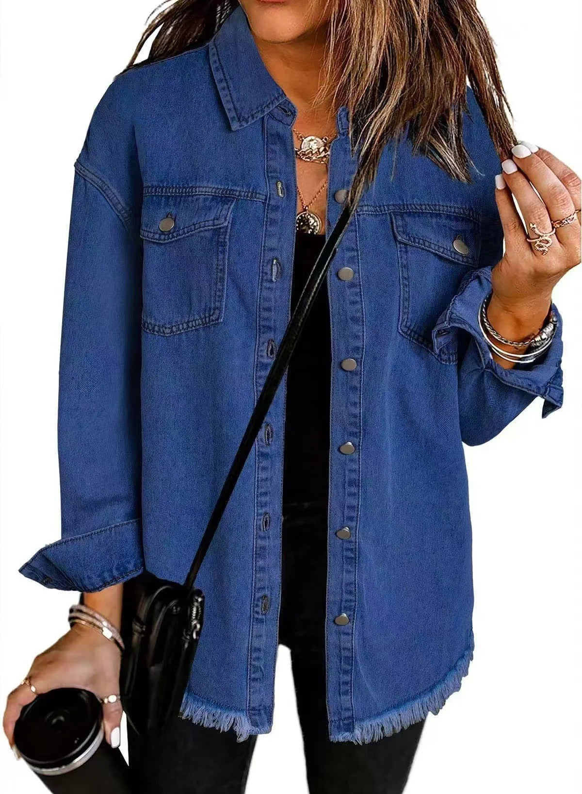 Veste en jean femme – Coupe décontractée – Ourlet effiloché – Boutons métalliques