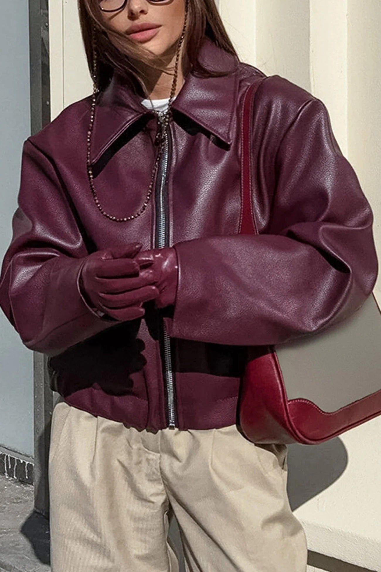Veste femme – Similicuir PU – Coupe décontractée – Fermeture zippée – Col structuré