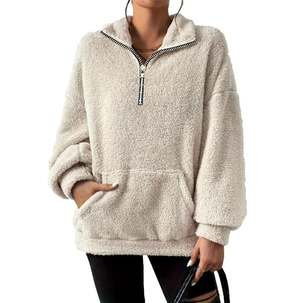 Sweatshirt femme – Coupe oversize – Molleton doux – Demi-zip – Col montant – Poche kangourou