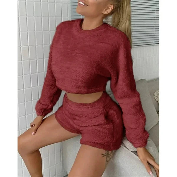 Ensemble loungewear femme – Haut court manches longues – Short taille haute doux