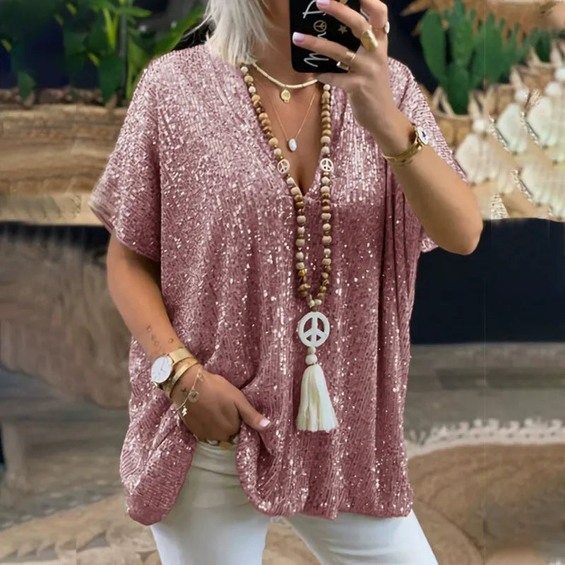T-shirt col V femme – Coupe décontractée – Manches courtes – Entièrement à sequins
