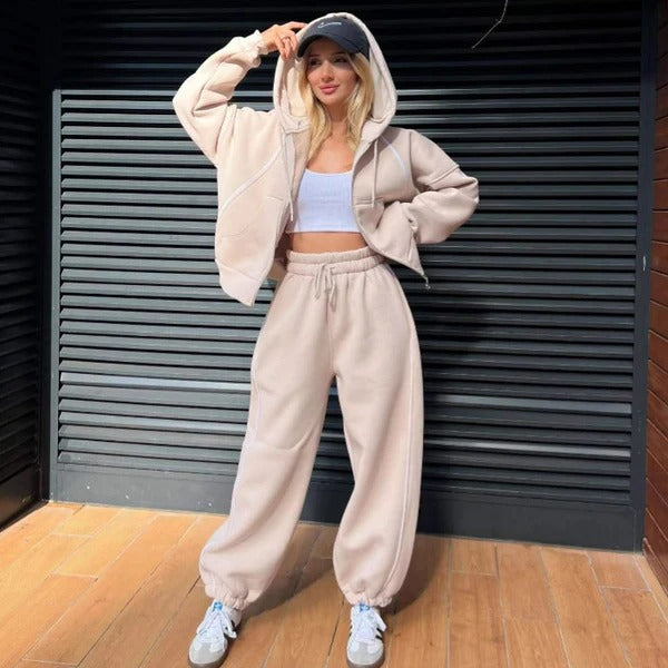 Ensemble femme hoodie et jogger – Coupe oversize – Coton doux – Détail passepoil