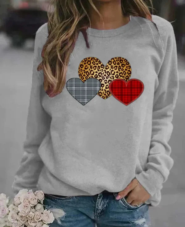 Sweatshirt femme – Coupe ample – Coton doux – Manches longues – Motifs cœurs graphiques