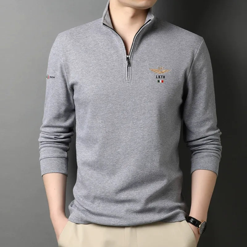 T-shirt manches longues homme – Coupe slim – Coton – Col zippé – Logo brodé
