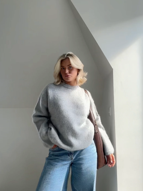 Pull femme – Coupe oversize – Manches longues – En mohair doux – Col rond