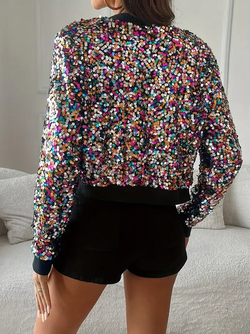 Veste bomber femme – Coupe courte – Sequins brillants – Poignets et ourlet côtelés