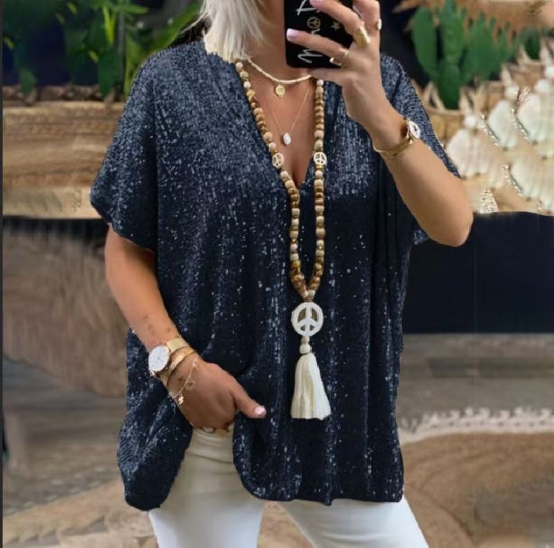 T-shirt col V femme – Coupe décontractée – Manches courtes – Entièrement à sequins